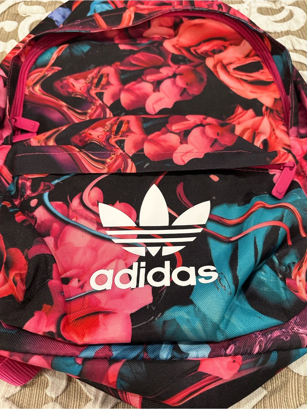 Addidas Floral Rose Print Backpack in Pink & Teal - Picture 6 of 9